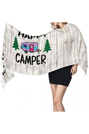 QQIAEJIA Happy Camper - Grand châle pashmina doux au toucher cachemire pour femme - Écharpe dhiver avec bords à franges, Com