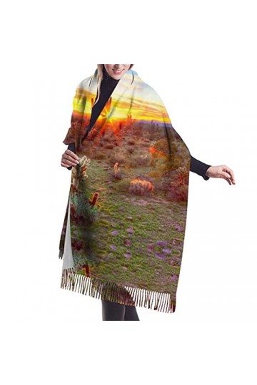 QQIAEJIA Cactus Desert Sunset Grand châle pashmina doux au toucher cachemire pour femme Écharpe dhiver avec bords à franges,