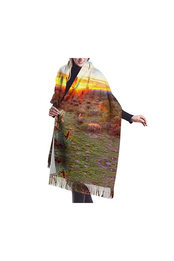 QQIAEJIA Cactus Desert Sunset Grand châle pashmina doux au toucher cachemire pour femme Écharpe dhiver avec bords à franges,