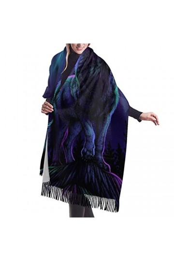 QQIAEJIA Wolves Howl In The Northern Lights Grand châle pashmina doux au toucher cachemire pour femme avec bords à franges, C