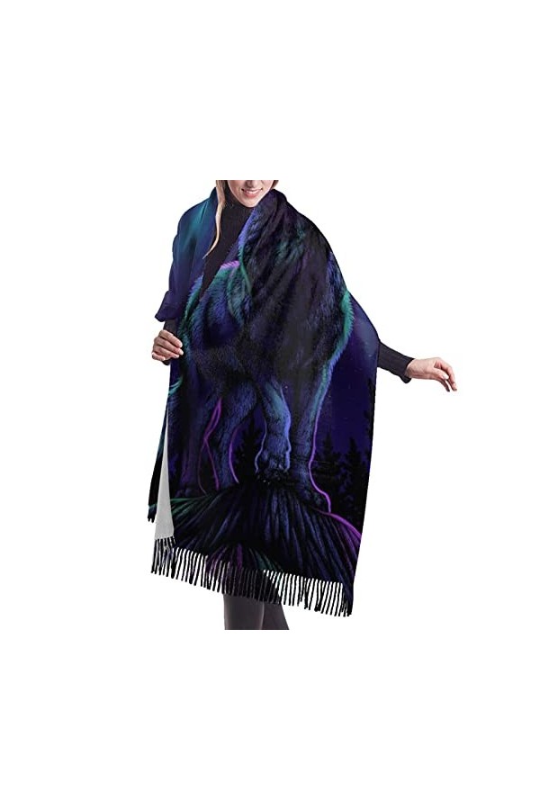 QQIAEJIA Wolves Howl In The Northern Lights Grand châle pashmina doux au toucher cachemire pour femme avec bords à franges, C