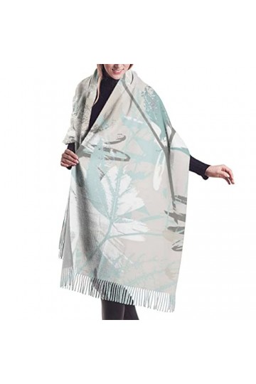 QQIAEJIA Grand châle pashmina en cachemire doux avec bords frangés pour femme - Feuilles grises menthe, Comme indiqué sur la 