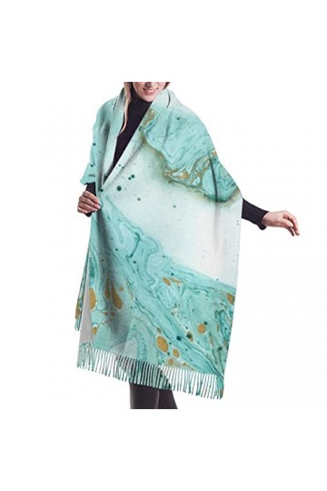 QQIAEJIA Grand châle pashmina en cachemire doux avec bords frangés pour femme - Vert et or marbré, Comme indiqué sur la photo