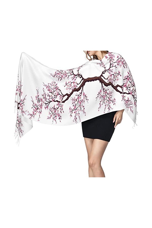 QQIAEJIA Grand châle pashmina en cachemire doux avec bords frangés pour femme Motif arbre en fleurs de cerisier, Comme indiqu