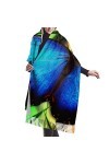 QQIAEJIA Grand châle pashmina en cachemire doux avec bords frangés pour femme Motif papillon et bambou Bleu, Comme indiqué su