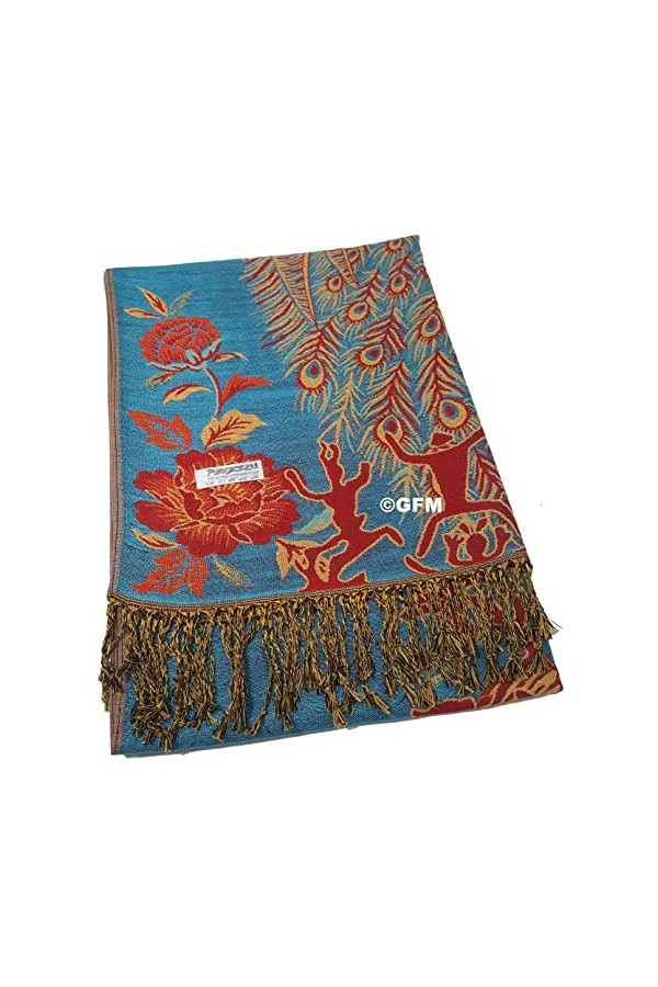 GFM® Châle de style pashmina avec plumes de paon et fleurs pour lautomne et lhiver SADK1909 , bleu sarcelle, L