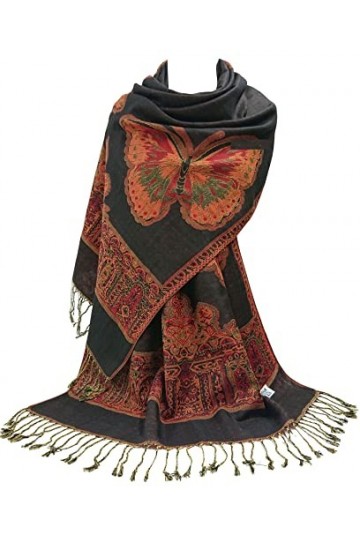 GFM Écharpe style pashmina avec motifs papillons ou floraux, Msc97-sparkly Black-kl, L