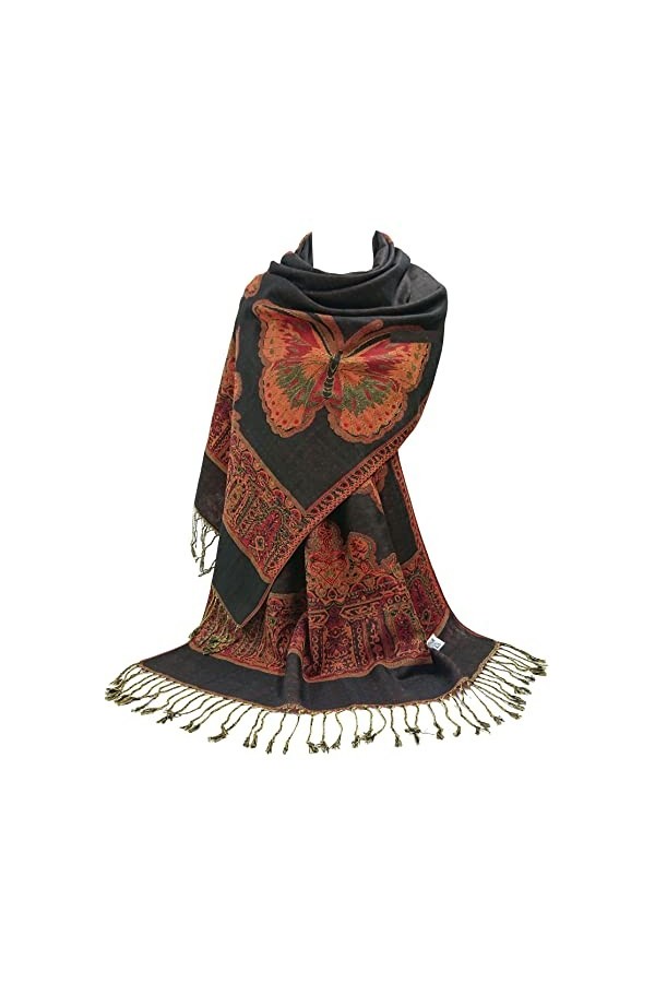 GFM Écharpe style pashmina avec motifs papillons ou floraux, Msc97-sparkly Black-kl, L
