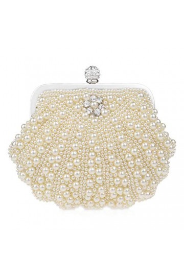 NICOLE & DORIS Femme Sac de soirée Pochette Sac à Main en Bandoulièr Perles Sac de Mariage Sac en Strass avec Chaîne Beige