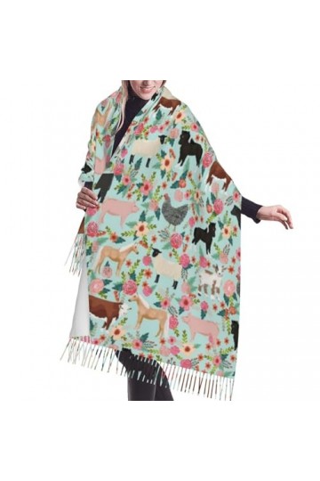 Écharpe,Animaux de la Ferme Vache Mouton Chèvre Poulet Floral, Écharpe à Franges Unisexe Grand Chaud Doux Cachemire Sensation