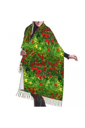 GRatka Écharpe, champ de coquelicots rouges, paysage de prairie, imprimé, unisexe, écharpe à franges, grand châle chaud et do