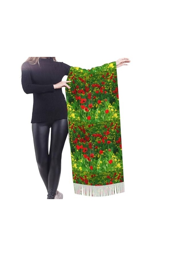 GRatka Écharpe, champ de coquelicots rouges, paysage de prairie, imprimé, unisexe, écharpe à franges, grand châle chaud et do