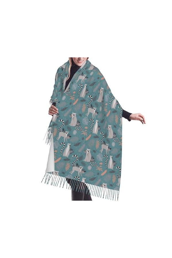 GRatka Écharpe, lémurien à queue annelée, écharpe à franges unisexe, grand châle chaud et doux au toucher cachemire, 196x68 c