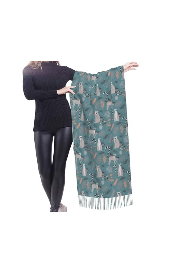 GRatka Écharpe, lémurien à queue annelée, écharpe à franges unisexe, grand châle chaud et doux au toucher cachemire, 196x68 c