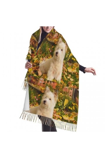 Écharpe, Westie Autumn West Highland White Terrier Dogs, Écharpe à franges unisexe Grand chaud et doux au toucher cachemire C