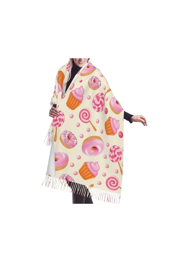 Écharpe,Sweet Donuts Candy, écharpe à franges unisexe, grand châle chaud et doux au toucher cachemire, 196x68 cm