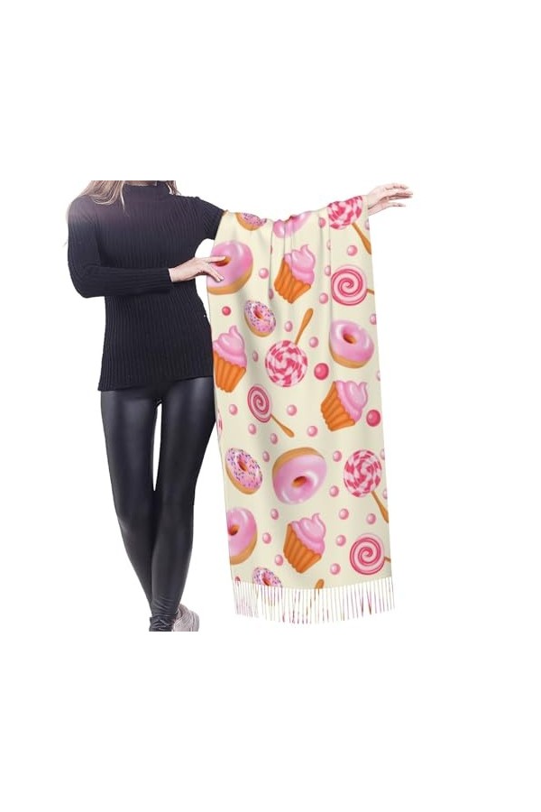 Écharpe,Sweet Donuts Candy, écharpe à franges unisexe, grand châle chaud et doux au toucher cachemire, 196x68 cm