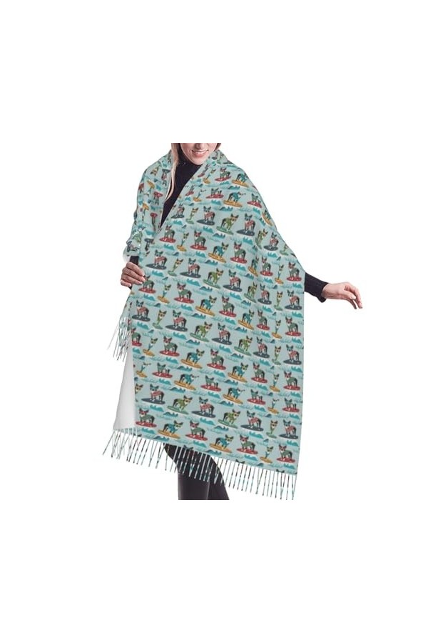 Écharpe,Boston Terrier Surf Dog Race Pet Lover, Écharpe à franges unisexe Grand chaud et doux au toucher cachemire Châles Wra