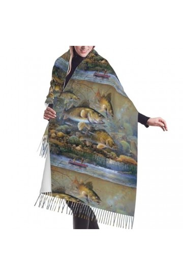 GRatka Écharpe, imprimé pêcheur de lac, écharpe à franges unisexe, grand châle chaud et doux au toucher cachemire, 196x68 cm