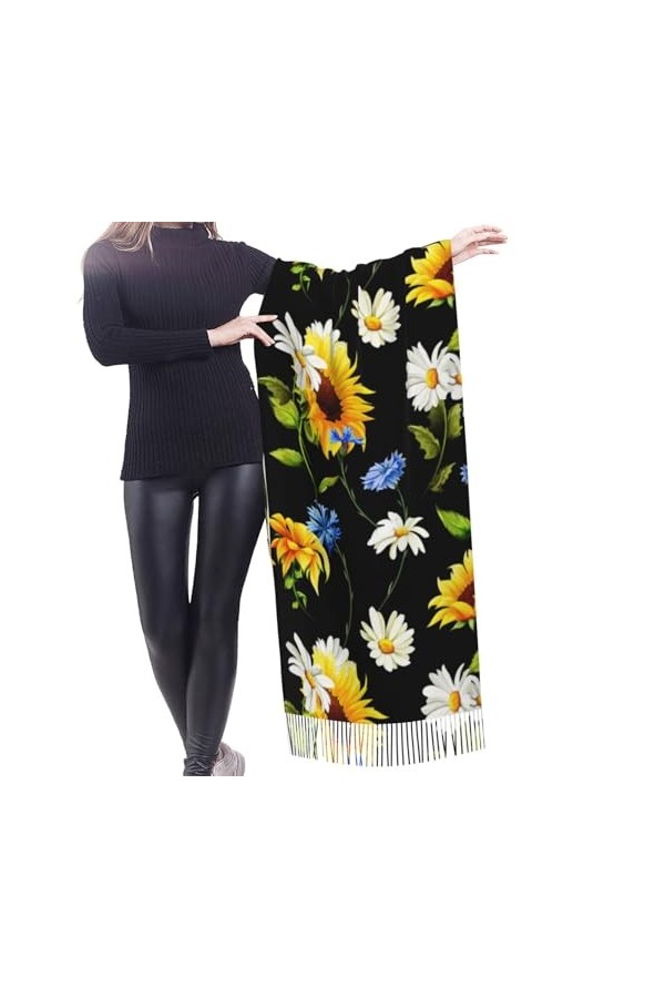 GRatka Écharpe, imprimé tournesols et camomille, écharpe à franges unisexe, grand châle chaud et doux au toucher cachemire, 1