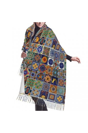 GRatka Écharpe, carreaux mexicains Talavera, écharpe à franges unisexe, grand châle chaud et doux au toucher cachemire, 196x6