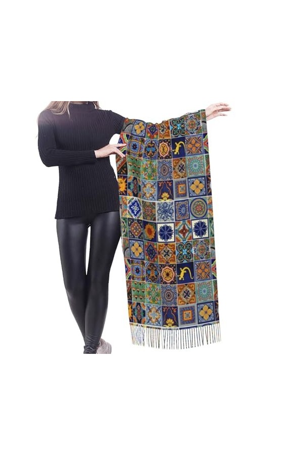 GRatka Écharpe, carreaux mexicains Talavera, écharpe à franges unisexe, grand châle chaud et doux au toucher cachemire, 196x6