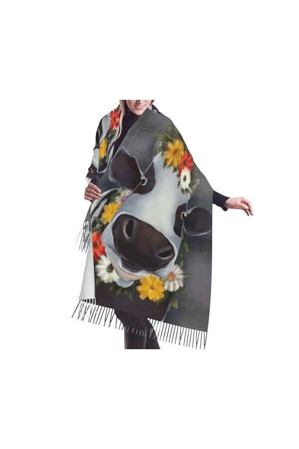 GRatka Écharpe, vache à fleurs, écharpe à franges unisexe, grand châle chaud et doux au toucher cachemire, 196x68 cm
