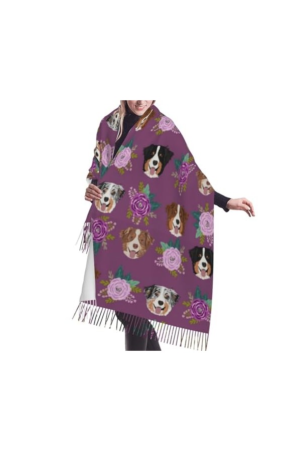 Écharpe, chien australien floral berger australien, écharpe unisexe à franges, grand châle chaud et doux au toucher cachemire