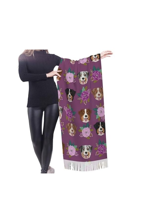 Écharpe, chien australien floral berger australien, écharpe unisexe à franges, grand châle chaud et doux au toucher cachemire