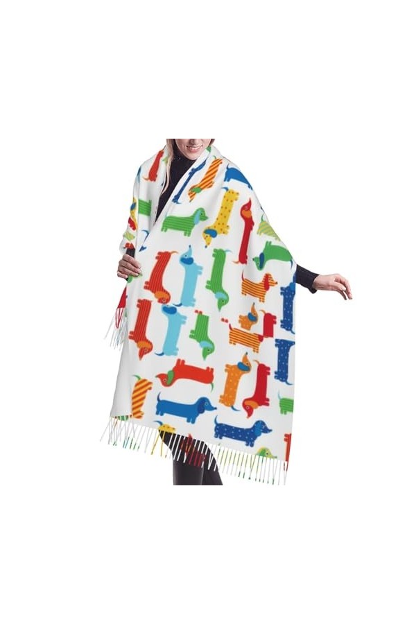 GRatka Écharpe, Teckel coloré, écharpe à franges unisexe, grand châle chaud et doux au toucher cachemire, 196x68 cm