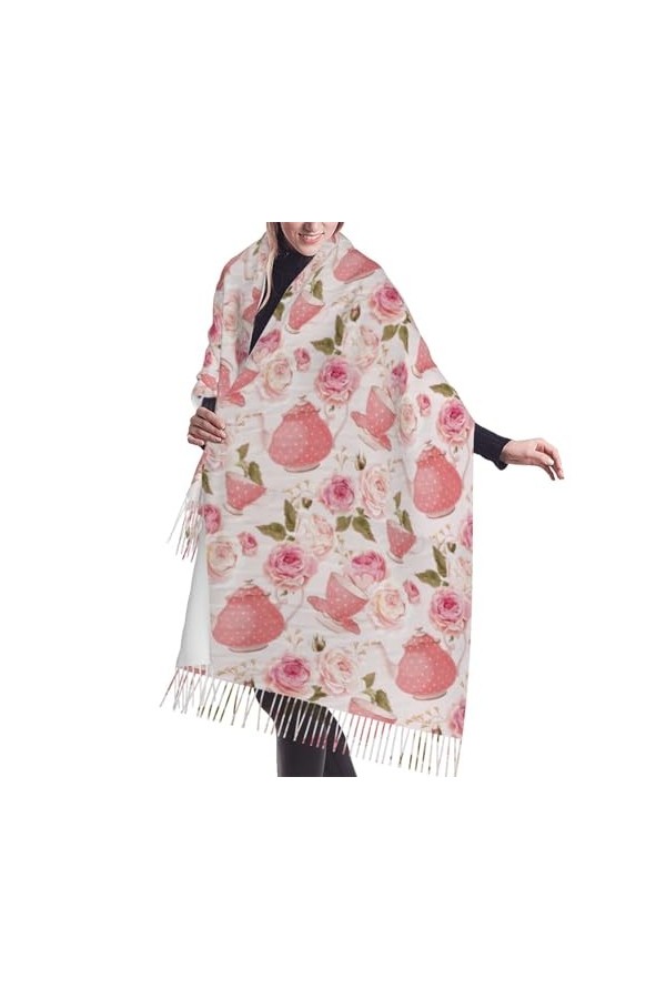 Écharpe, tasses à thé de style vintage, écharpe à franges unisexe, grand châle chaud et doux au toucher cachemire, 196 x 68 c