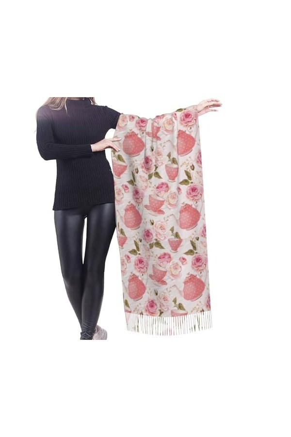 Écharpe, tasses à thé de style vintage, écharpe à franges unisexe, grand châle chaud et doux au toucher cachemire, 196 x 68 c