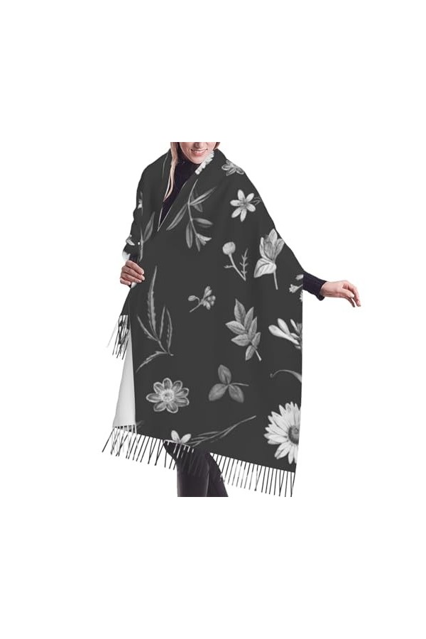 GRatka Écharpe, motif de papier peint à fleurs noires, écharpe à franges unisexe, grand châle chaud et doux au toucher cachem