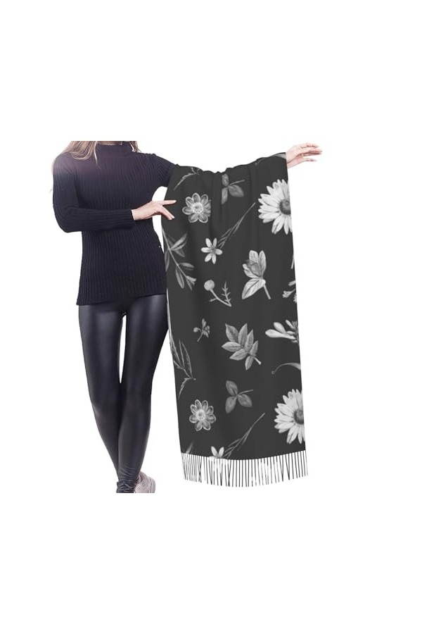 GRatka Écharpe, motif de papier peint à fleurs noires, écharpe à franges unisexe, grand châle chaud et doux au toucher cachem