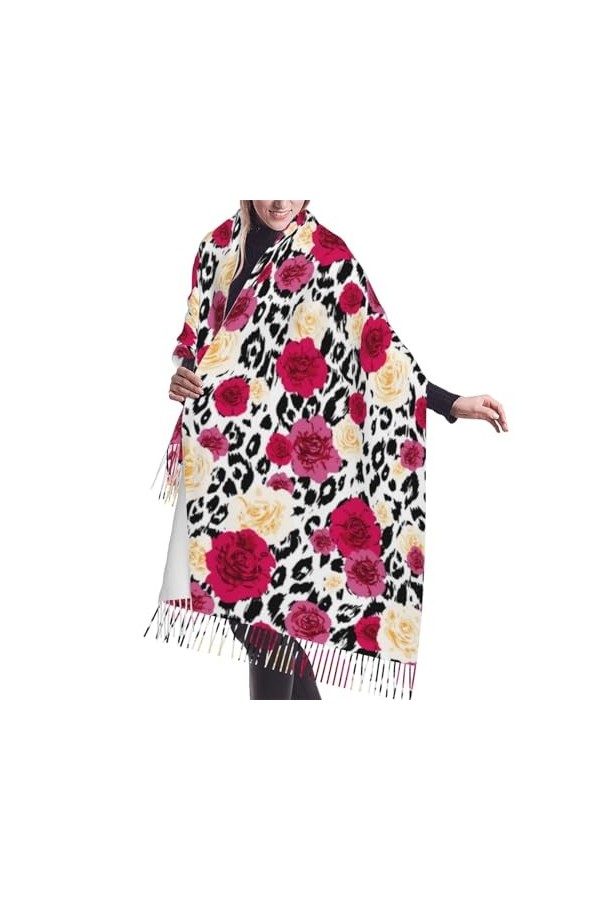 GRatka Écharpe, fleurs de léopard colorées, écharpe à franges unisexe, grand châle chaud et doux au toucher cachemire, 196x68