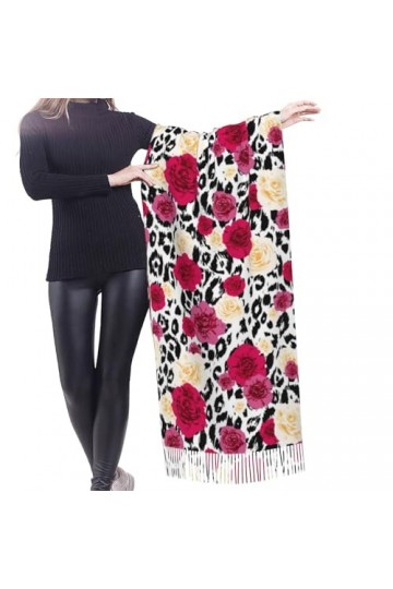 GRatka Écharpe, fleurs de léopard colorées, écharpe à franges unisexe, grand châle chaud et doux au toucher cachemire, 196x68