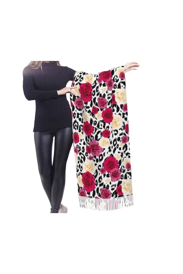 GRatka Écharpe, fleurs de léopard colorées, écharpe à franges unisexe, grand châle chaud et doux au toucher cachemire, 196x68