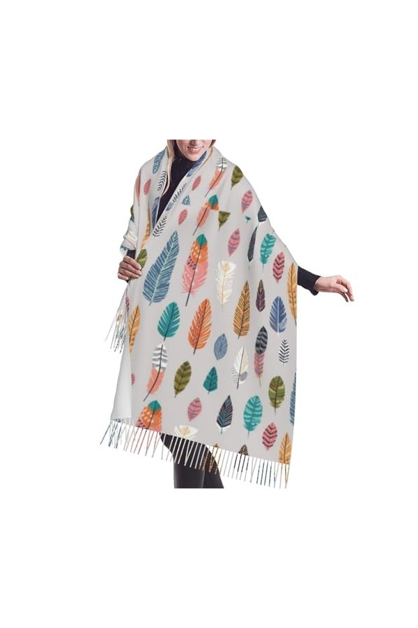 GRatka Écharpe, motif de plumes mignonnes, écharpe à franges unisexe, grand châle chaud et doux au toucher cachemire, 196x68 