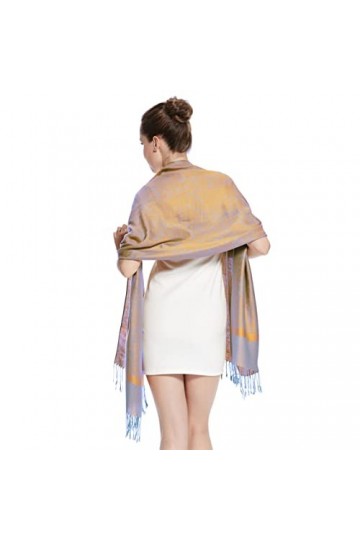 Silver Fever Écharpe en jacquard cachemire pashmina, Beige et bleu roi, Large