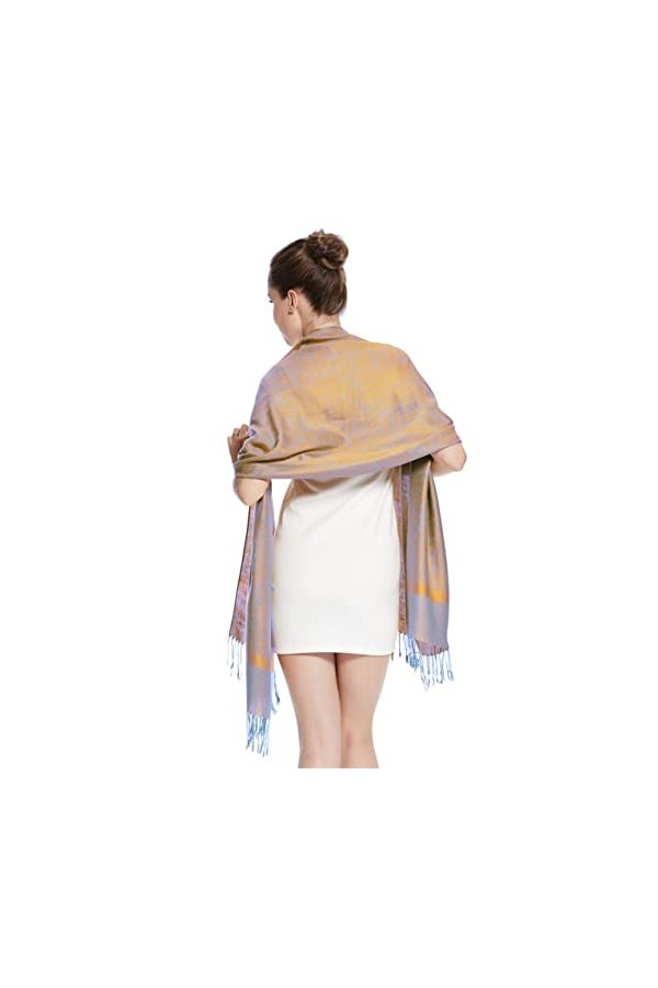 Silver Fever Écharpe en jacquard cachemire pashmina, Beige et bleu roi, Large