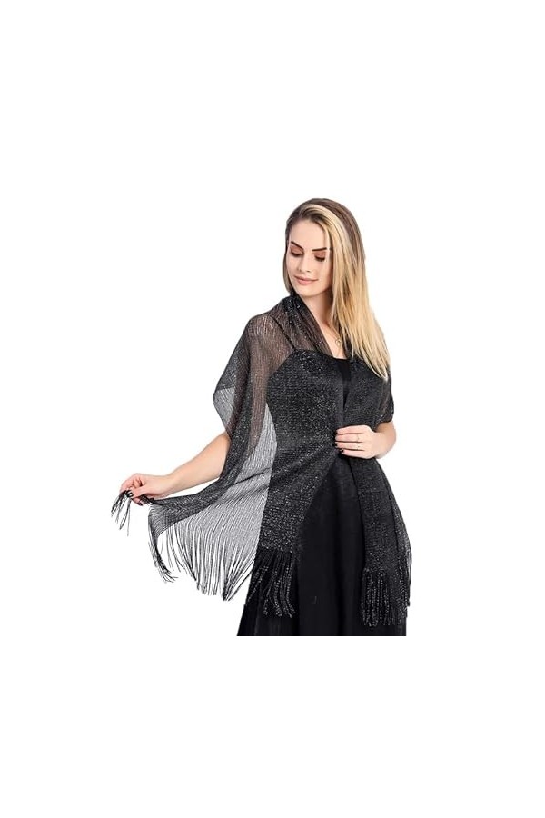 DNLKWGO Écharpe pashmina pour femme - Pour robes de soirée - Châle formel pour mariages, noir/argenté, taille unique