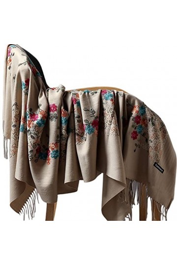 Chale Femme,Écharpe pour Femme Cashmere Feel Warm Pashmina Châle Écharpe À Pompon en Broderie Tibétaine Crème De Fleurs De Pr