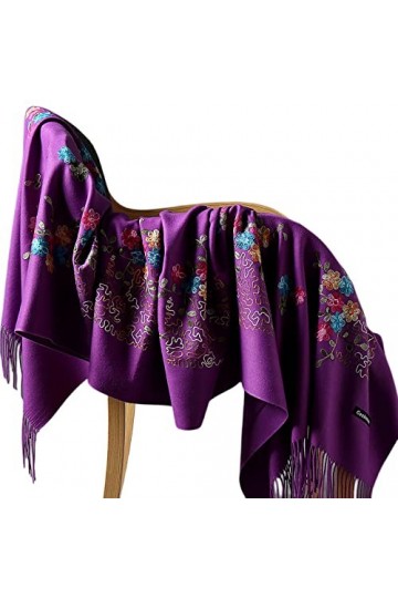 Chale Femme,Écharpe pour Femme Cashmere Feel Warm Pashmina Châle Écharpe À Pompon en Broderie Tibétaine Fleur De Prunier Viol