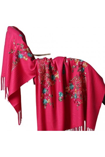 Echarpe,Écharpe pour Femme Cashmere Feel Warm Pashmina Châle Écharpe À Pompons en Broderie Tibétaine Fleur De Prunier Rose Ro