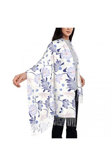 TheEcoWay Écharpe à pampilles pour femmes, couleurs bleu violet, imprimé fleurs, grand châle doux au toucher cachemire, étole