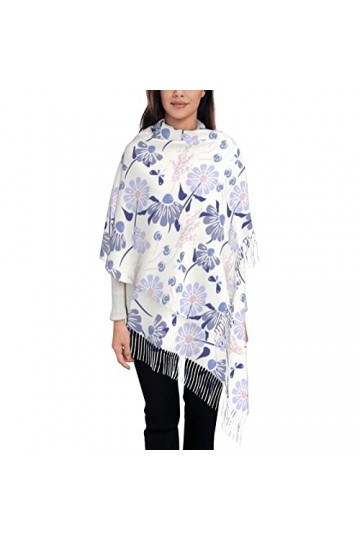 TheEcoWay Écharpe à pampilles pour femmes, couleurs bleu violet, imprimé fleurs, grand châle doux au toucher cachemire, étole