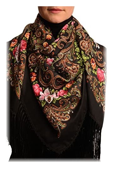 LissKiss Black Tzarsky Slavonic Russian Folk Style Shawl - Noir ?charpe Taille Unique - 110cm x 110cm