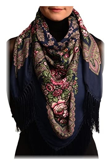 LissKiss Dark Blue Plyaski Slavonic Russian Folk Style Shawl - Bleu ?charpe Taille Unique - 110cm x 110cm