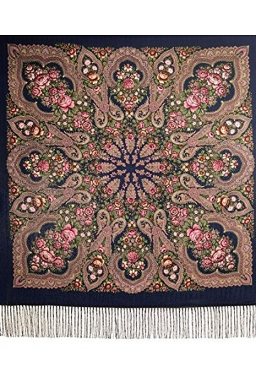 LissKiss Dark Blue Plyaski Slavonic Russian Folk Style Shawl - Bleu ?charpe Taille Unique - 110cm x 110cm