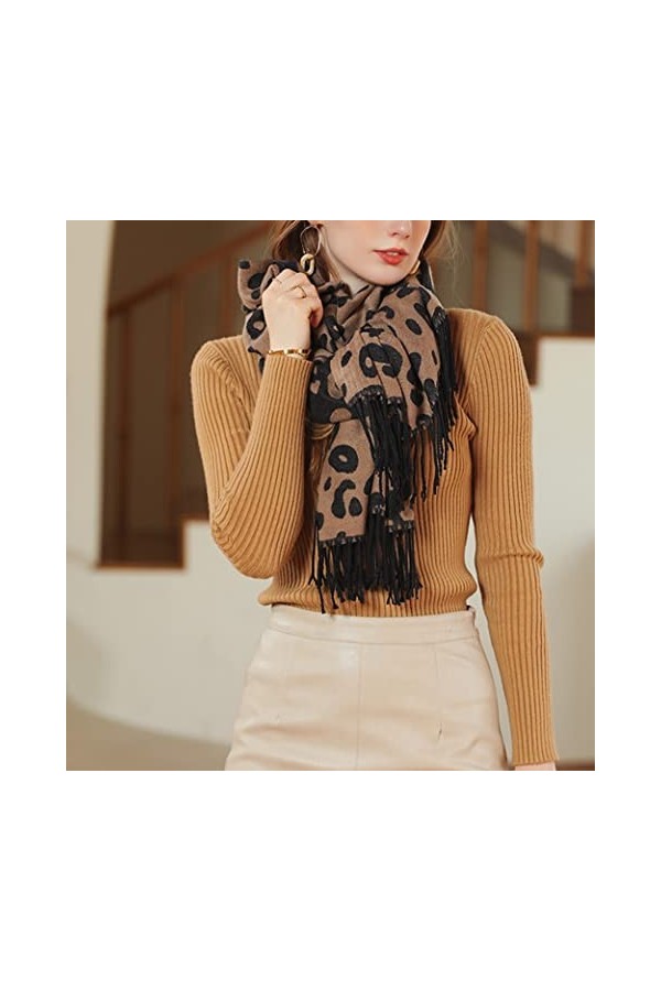 XYUAN Echarpes Et Foulards Femme,Dames Longues Écharpes Hiver Imprimé Léopard Écharpe Laine Artificielle Chaude Châle Gland É